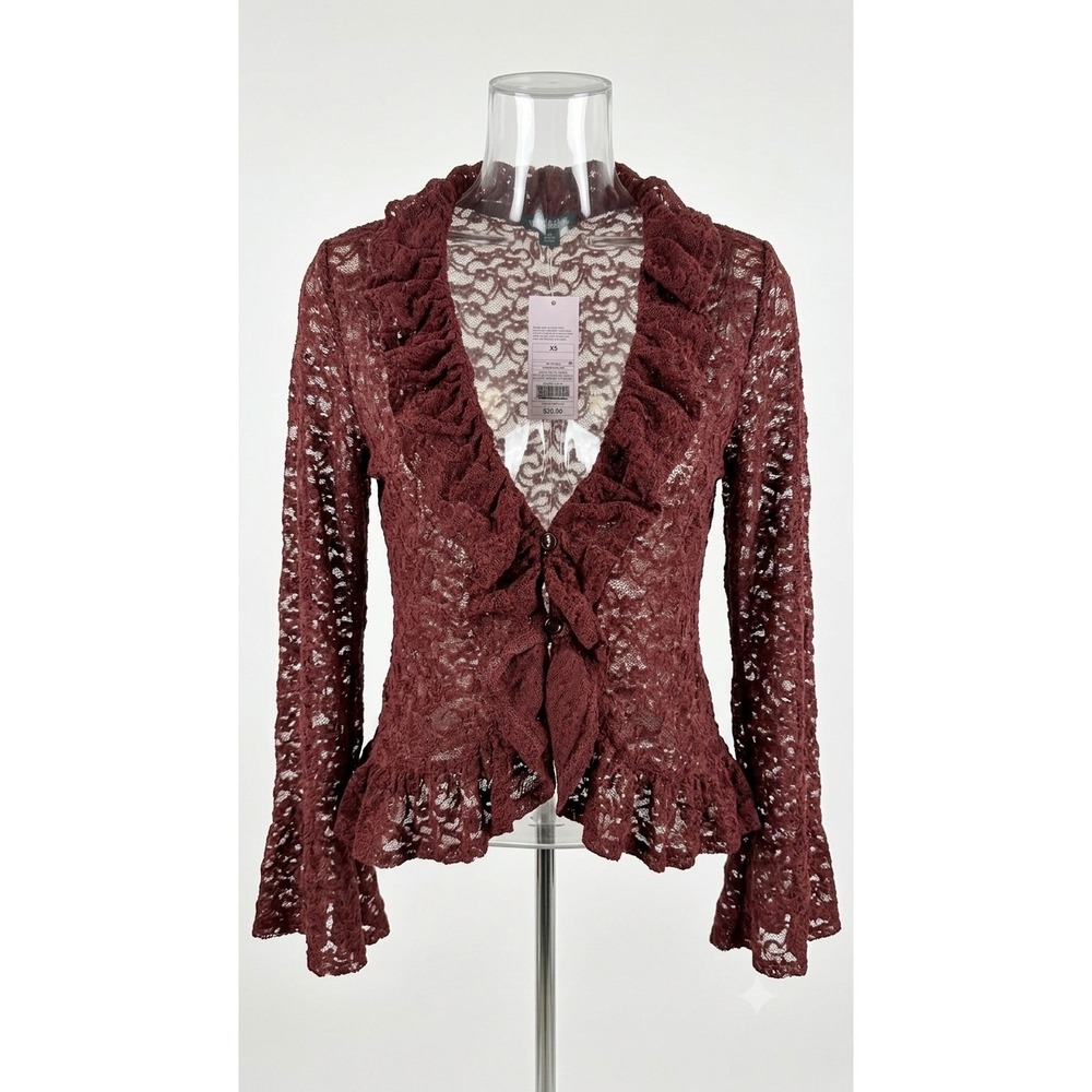 Wild Fable Burgundy Sheer Lace Ruffle Cardigan Bell Sleeve Top XS New